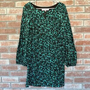 Trina Turk Long Sleeve Shift Dress Women’s Medium Geometric Teal Blue Turquoise